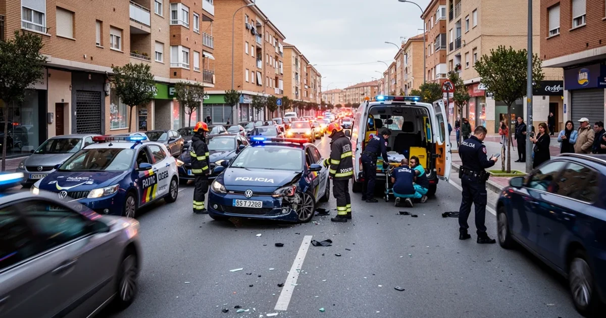 Escena del accidente en Torrejón con vehículos dañados y presencia policial.