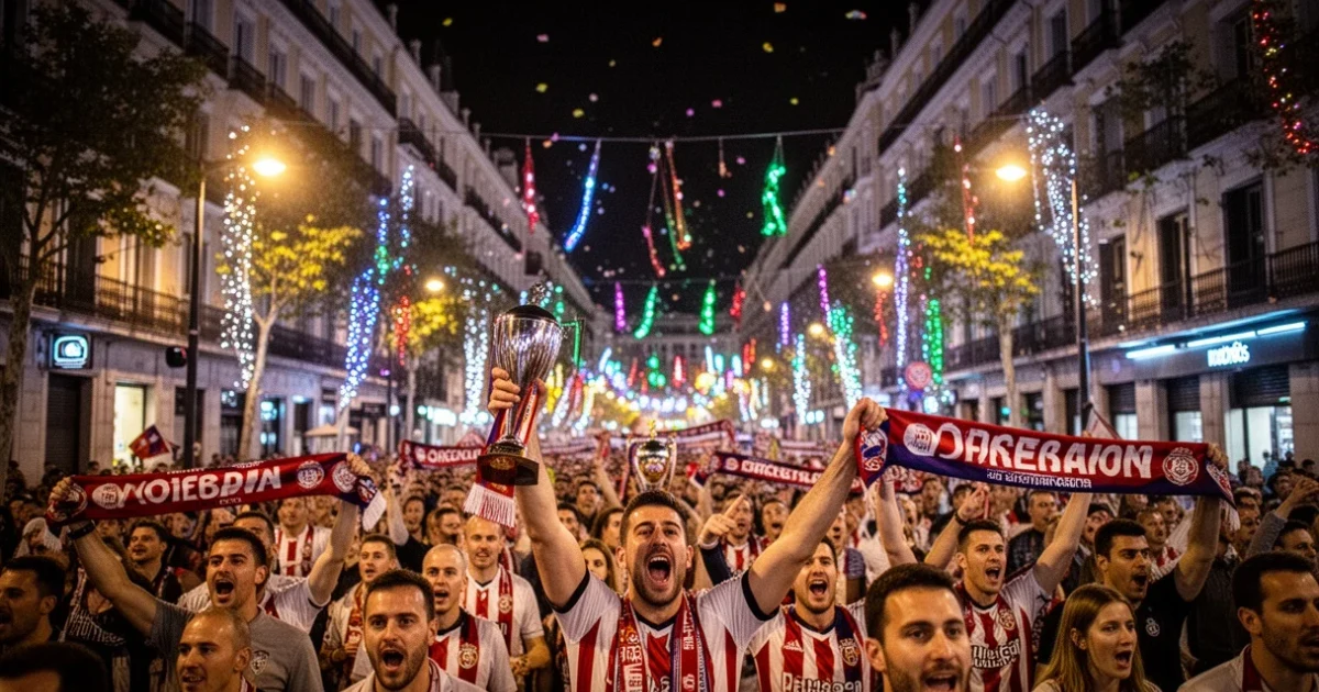 Celebración nocturna en Madrid tras victoria futbolística