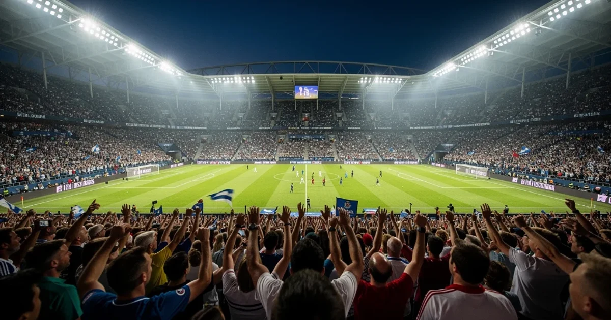 Estadio lleno durante un partido nocturno con ambiente vibrante