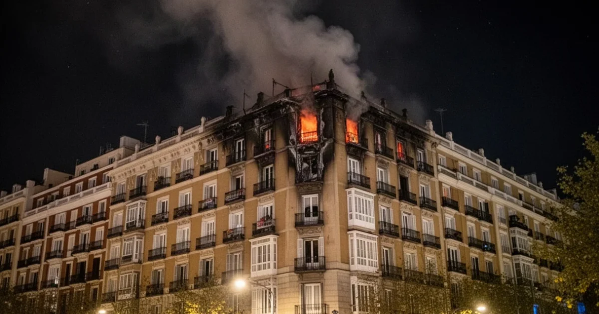 Edificio residencial dañado por incendio en Chamberí con humo saliendo del tejado