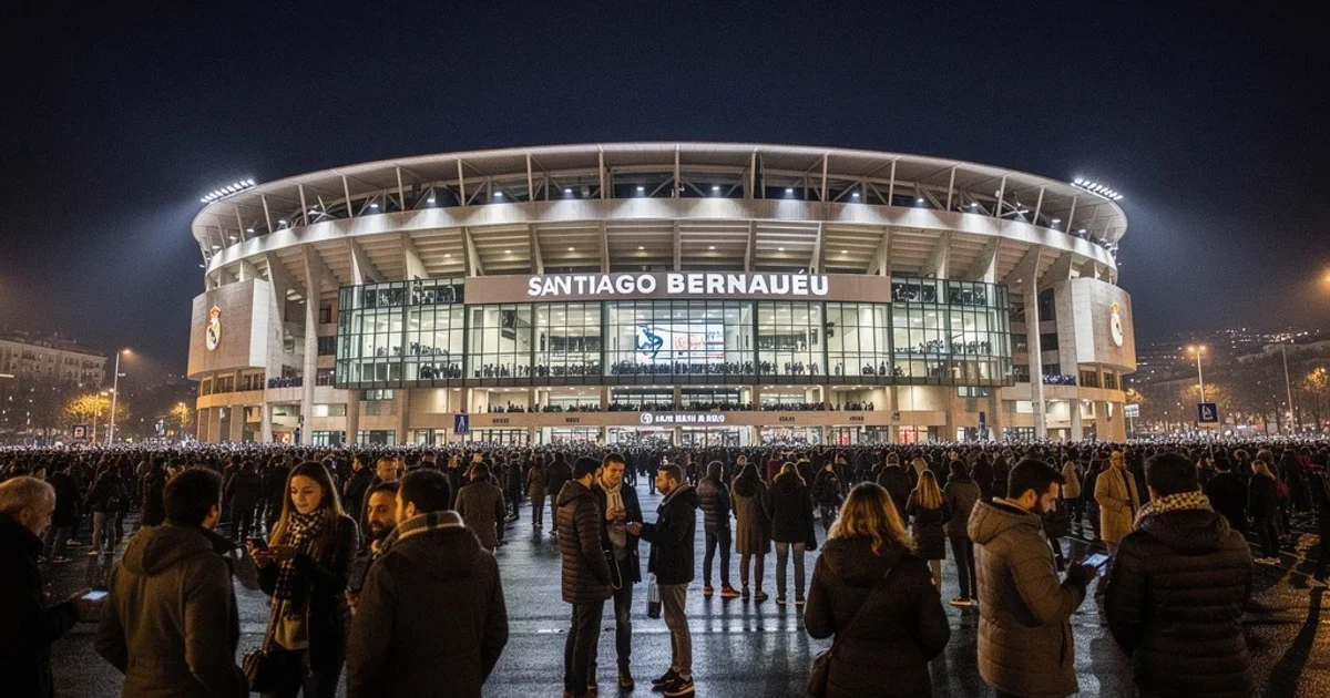 Vista nocturna del Estadio Santiago Bernabéu iluminado con aficionados reunidos.
