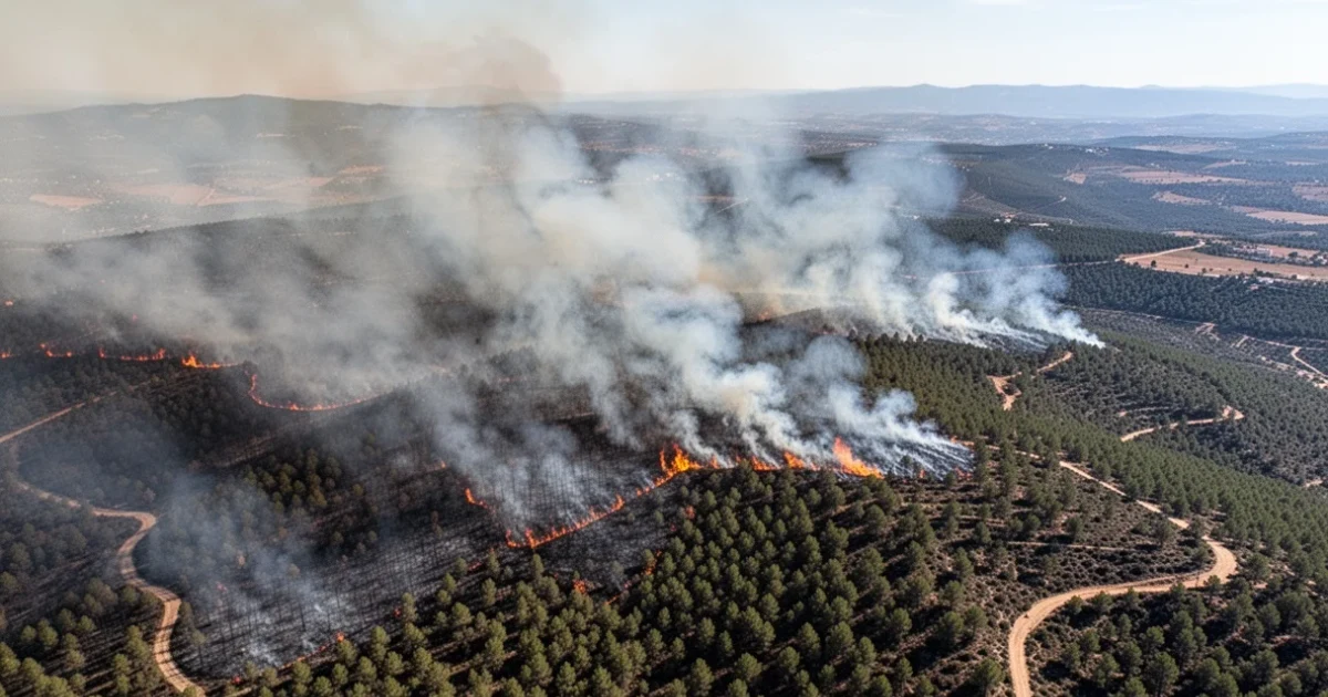 Vista aérea de incendios forestales en el suroeste de Madrid
