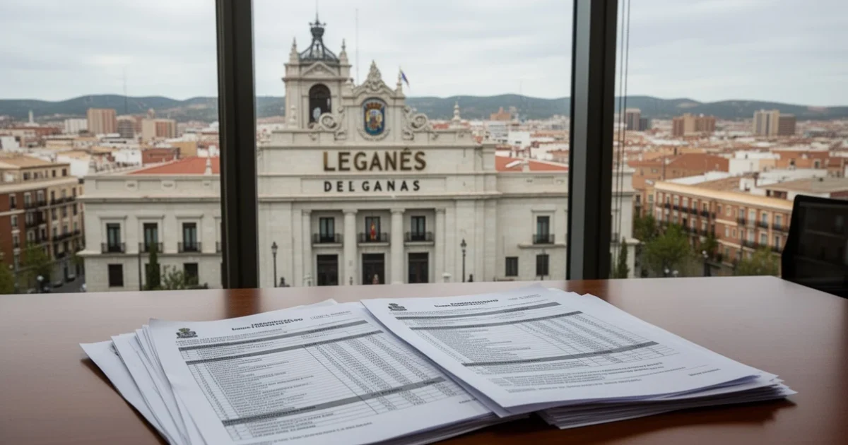 Vista del Ayuntamiento de Leganés con documentos sobre presupuestos