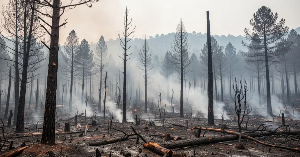 Zona afectada por el incendio forestal en la Sierra Oeste con árboles quemados