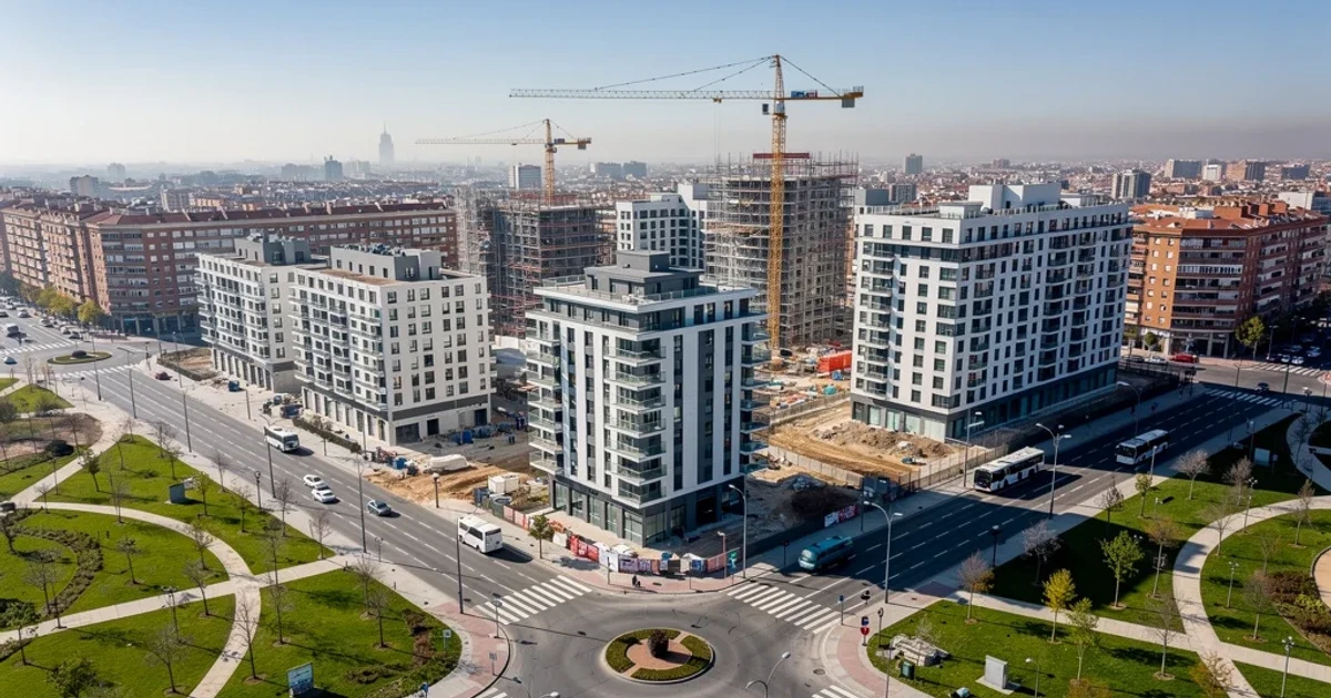 Vista aérea de edificios residenciales modernos en construcción en Madrid.