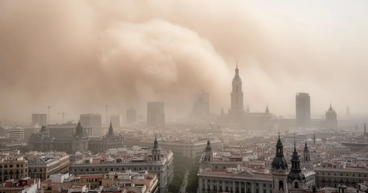 Vista panorámica de Madrid bajo una tormenta de polvo sahariano