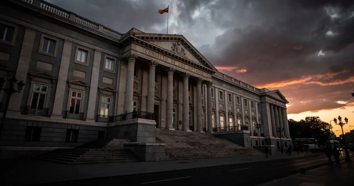 Vista del edificio del Parlamento español durante una tormenta simbólica