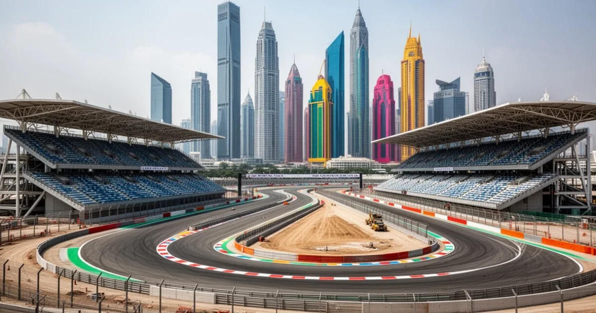 Vista del circuito semiurbano Madring en construcción con fondo urbano