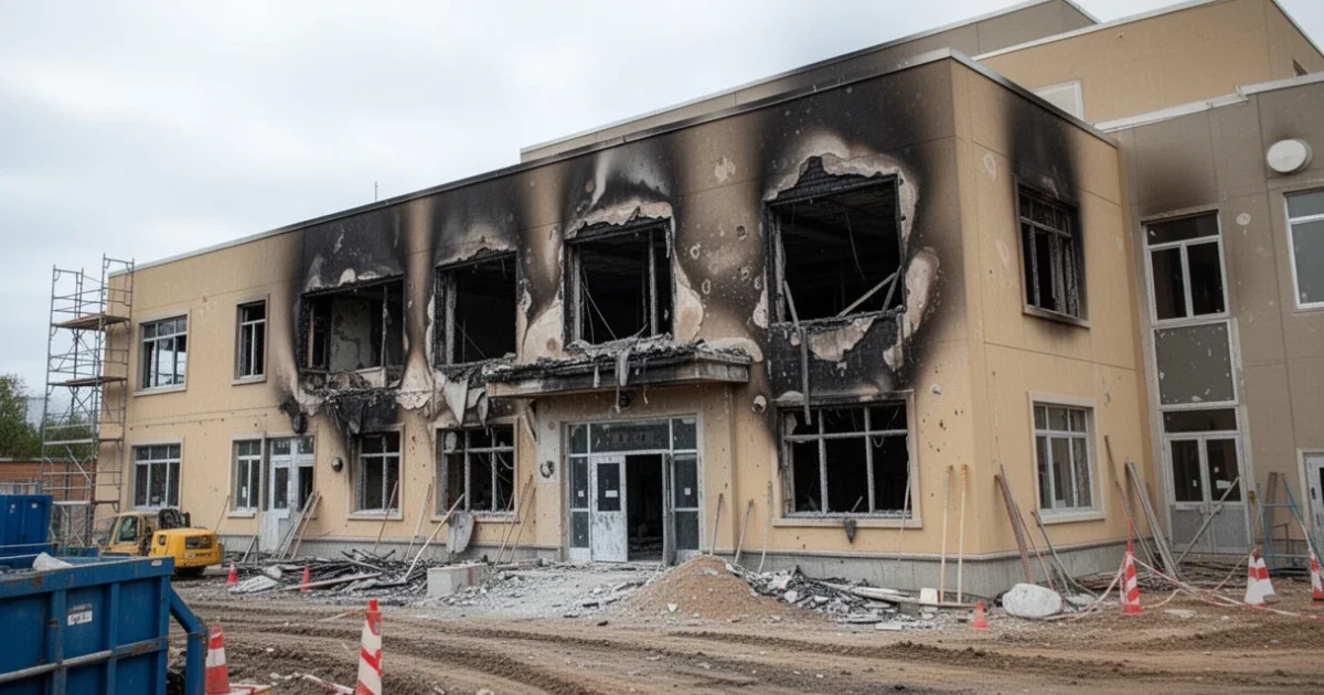 Daños visibles por incendio en la construcción de una escuela municipal