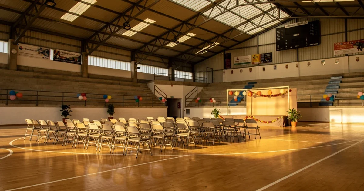 Instalaciones deportivas municipales vacías preparadas para un evento en Valencia.