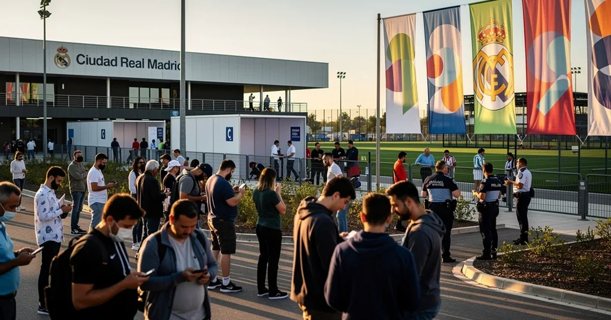 Vista general del Ciudad Real Madrid durante las elecciones presidenciales con aficionados reunidos.