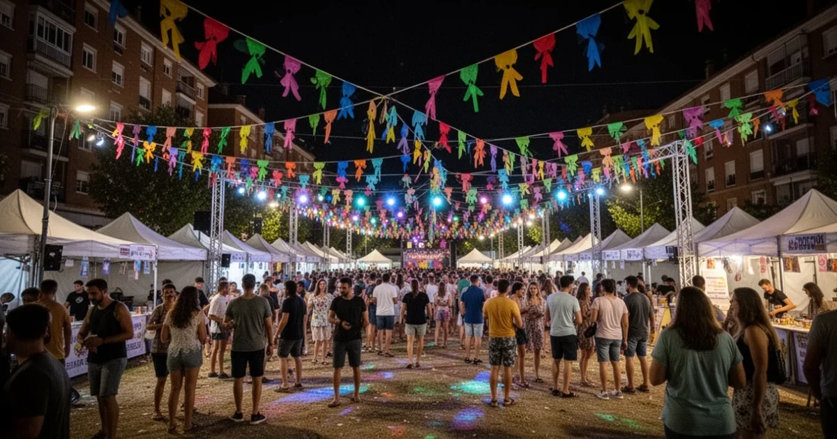 Escenario iluminado preparado para festivales al aire libre en Móstoles