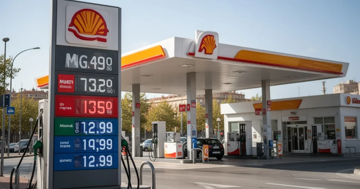 Estación de servicio con carteles visibles mostrando precios del combustible
