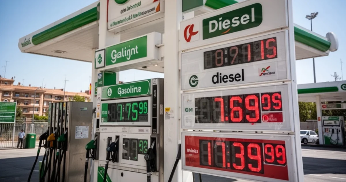 Estación de servicio con carteles visibles mostrando precios competitivos de gasolina y diésel