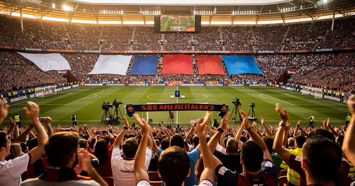 Estadio moderno lleno de aficionados durante un evento electoral del Real Madrid.