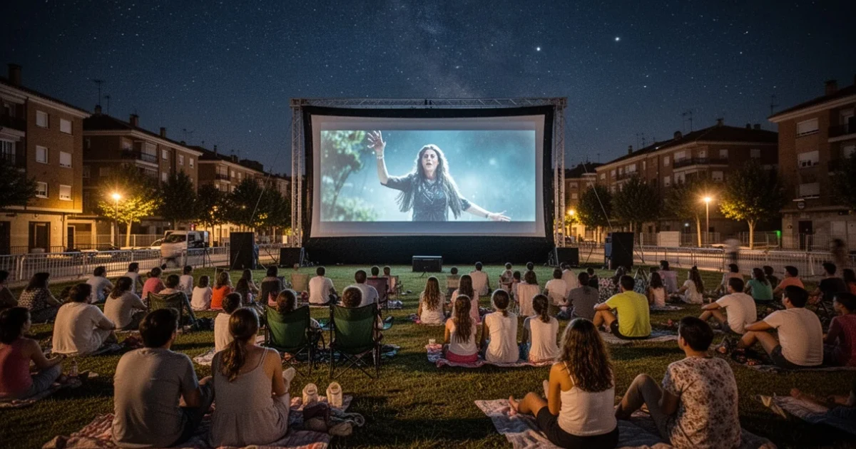 Escena del cine al aire libre en Móstoles durante las noches veraniegas