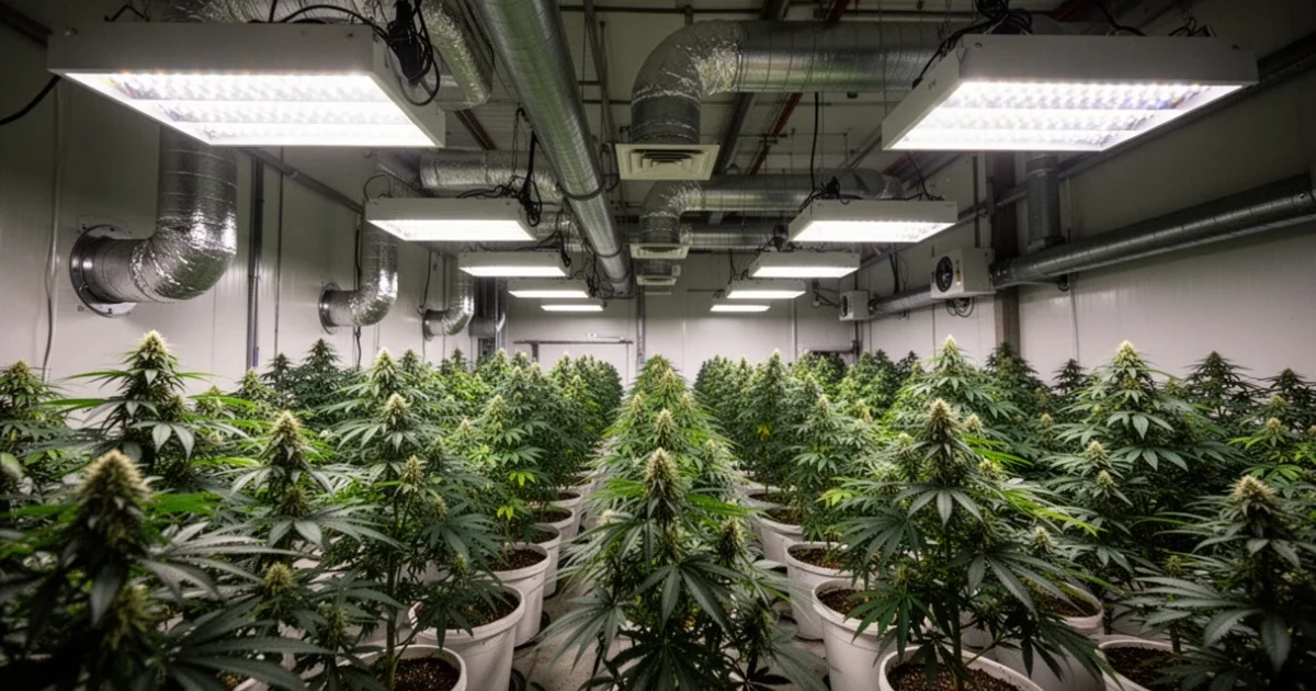 Interior de una nave industrial con plantas de marihuana y sistemas para su cultivo