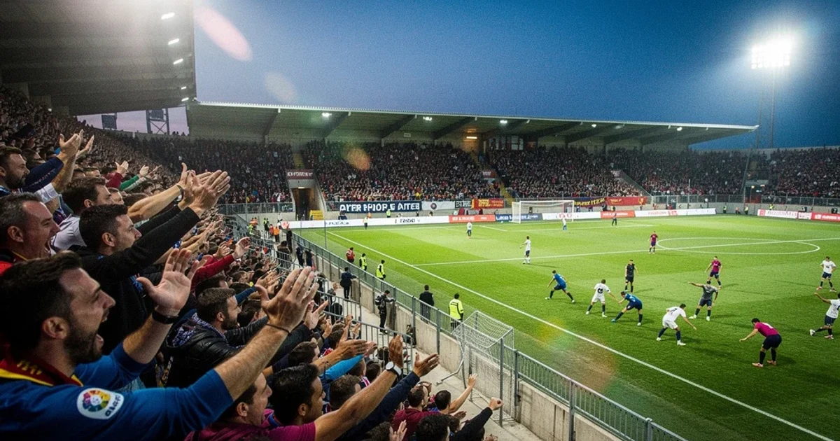 Estadio lleno durante un partido decisivo por el ascenso a Primera División.