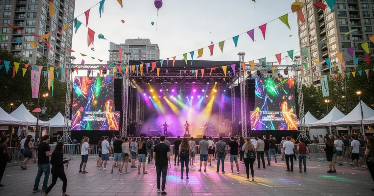 Escena festiva en una plaza urbana durante un evento musical