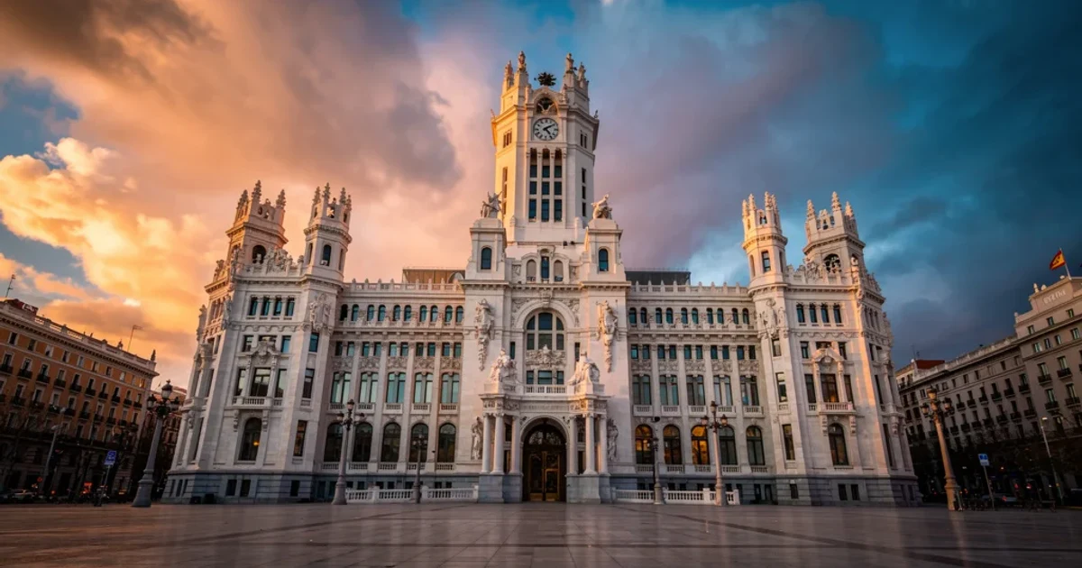 Vista majestuosa del Palacio de Cibeles iluminado al atardecer
