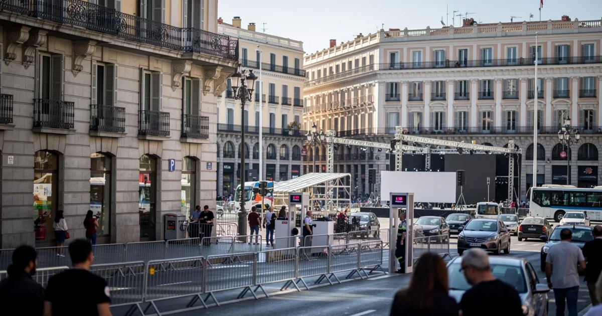 Escena urbana en Madrid con preparativos visibles para un gran evento