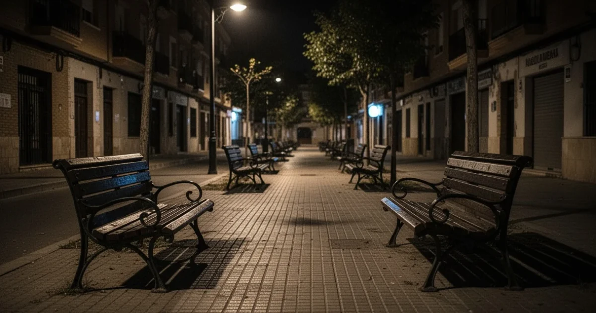 Una calle vacía en Valdemoro mostrando bancos solitarios bajo poca luz.