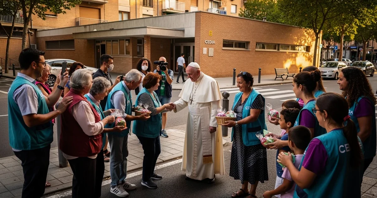 Centro CEDIA durante la visita del Papa León XIV con personas compartiendo momentos emotivos.