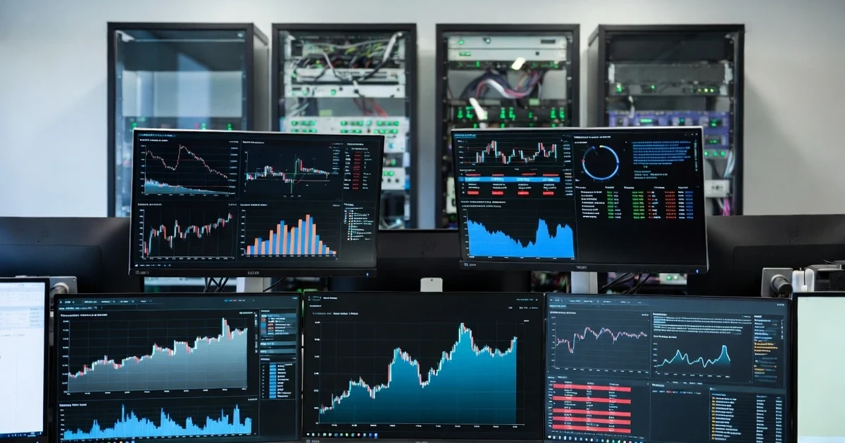 Sala de redacción con monitores y servidores.
