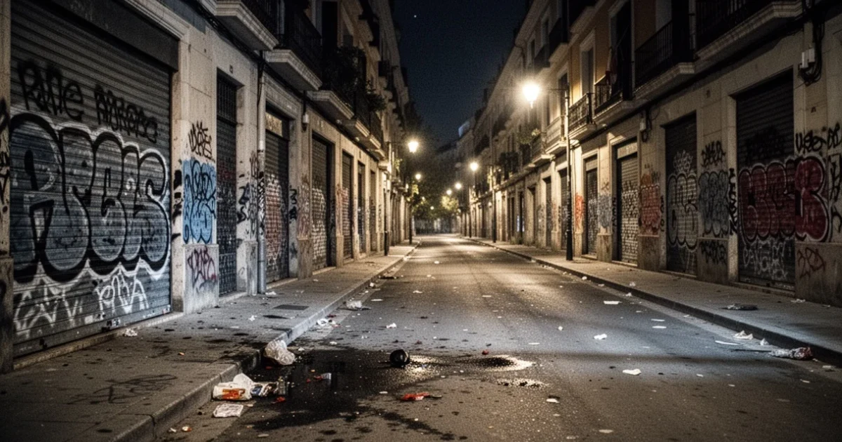Vista urbana nocturna con graffiti representando conflictos sociales