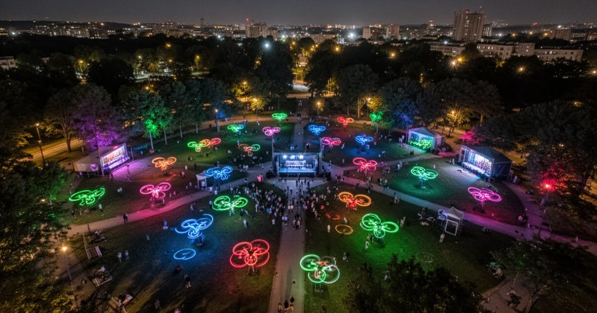 Vista aérea del parque Lago Loranca iluminado por drones durante el espectáculo