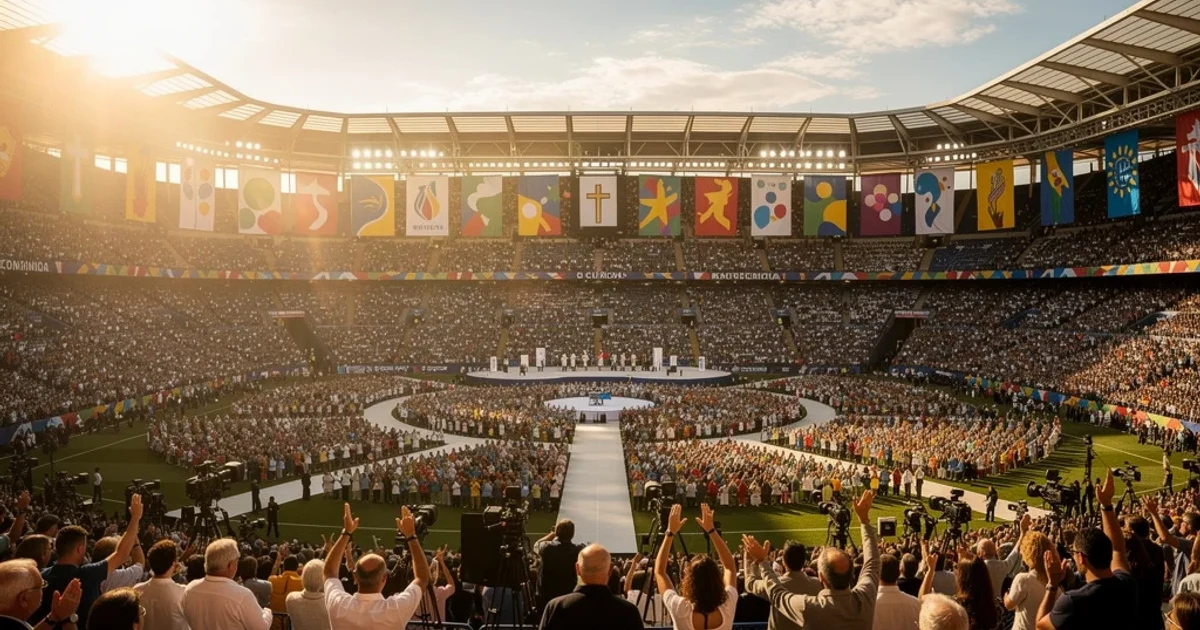 Vista panorámica del estadio Santiago Bernabéu lleno durante un evento religioso.