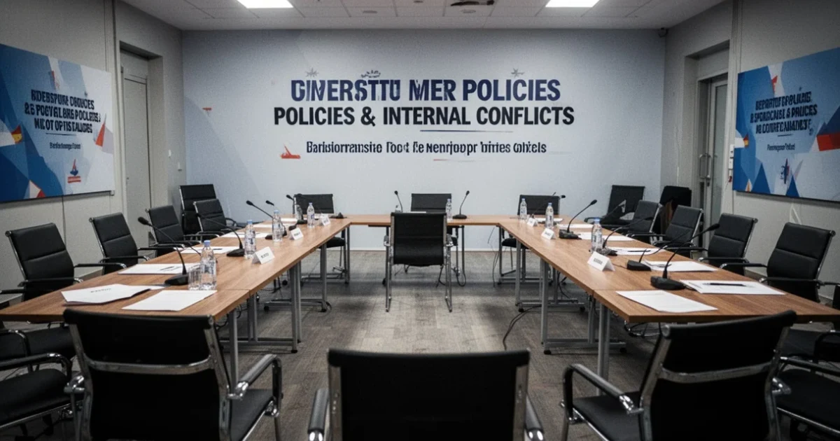 Sala vacía preparada para reunión política sobre conflictos internos