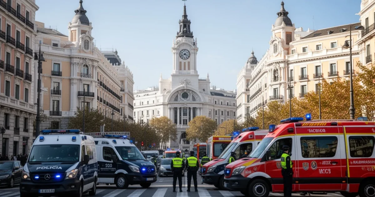 Vista urbana de Madrid con presencia policial destacada
