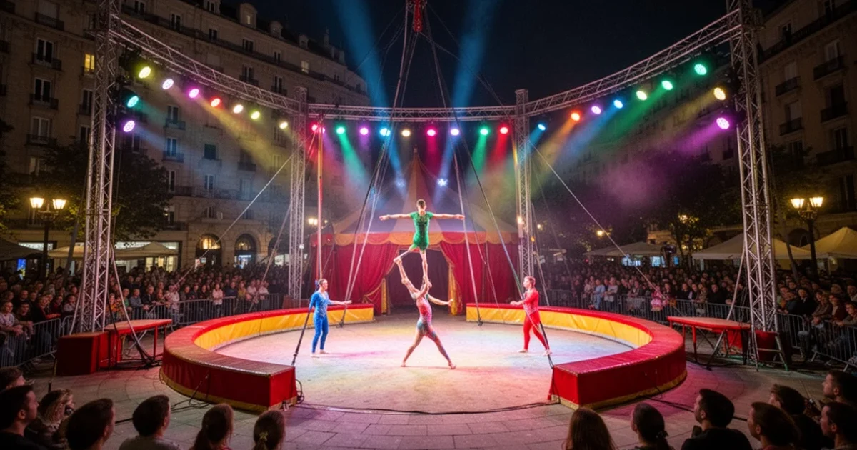 Escena nocturna del circo al aire libre en Móstoles
