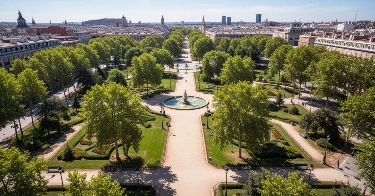 Vista aérea del Parque El Retiro en Madrid bajo un cielo soleado.