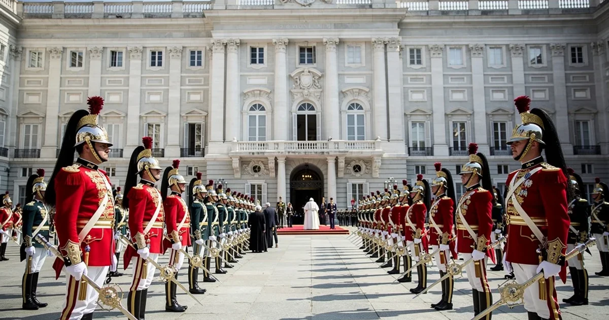 Ceremonia militar durante la llegada del Papa al Palacio Real