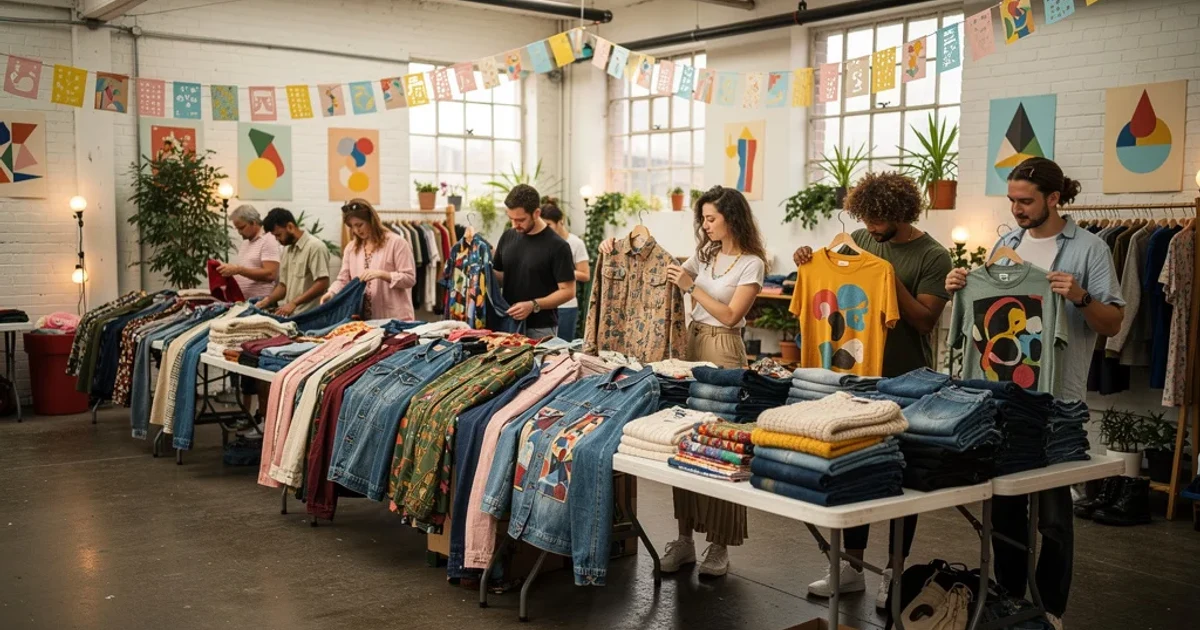 Escena del mercadillo Revu Market en Madrid mostrando ropa vintage