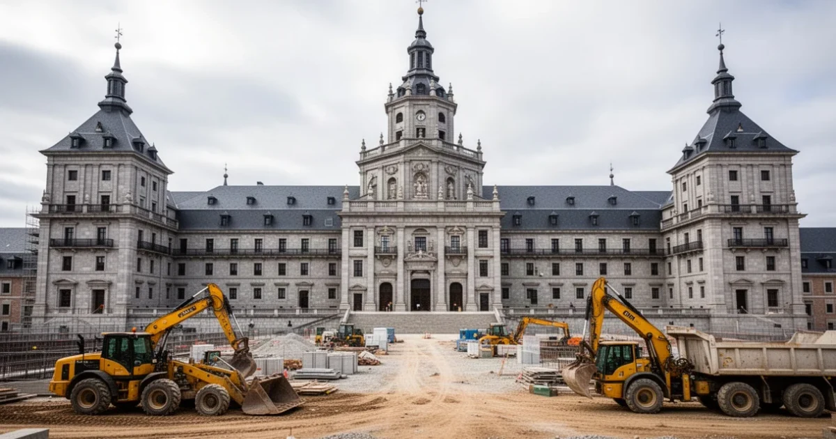 Vista del Monasterio Real con equipo de construcción cercano
