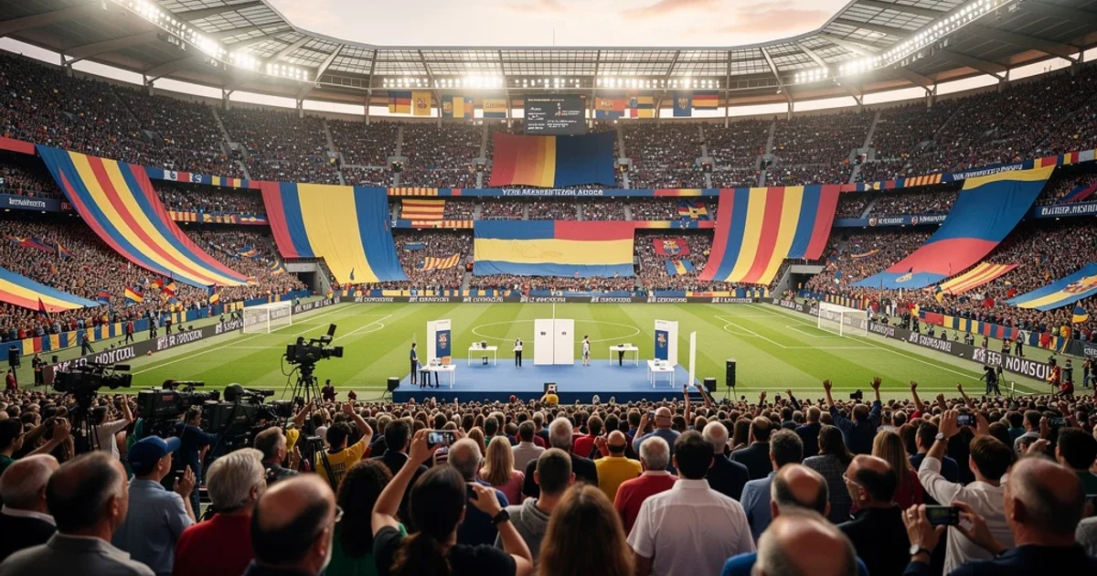 Estadio lleno durante un evento electoral relacionado con el fútbol.