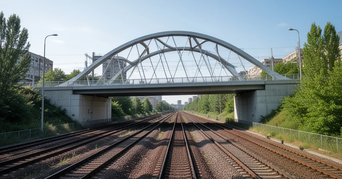 Puente moderno sobre vías ferroviarias en Pinto