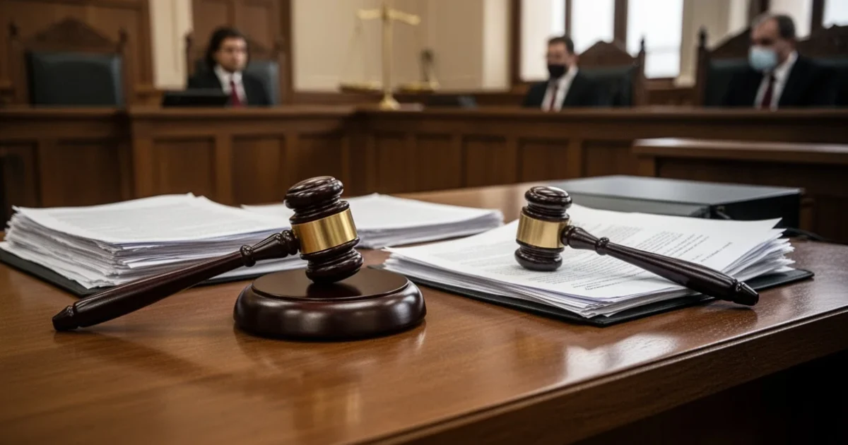 Escena judicial con documentos legales y un mazo sobre la mesa