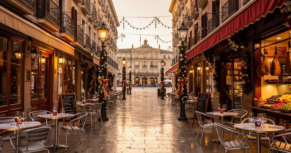 Vista callejera en Madrid cerca de Puerta del Sol con restaurantes históricos preparados para un evento especial.