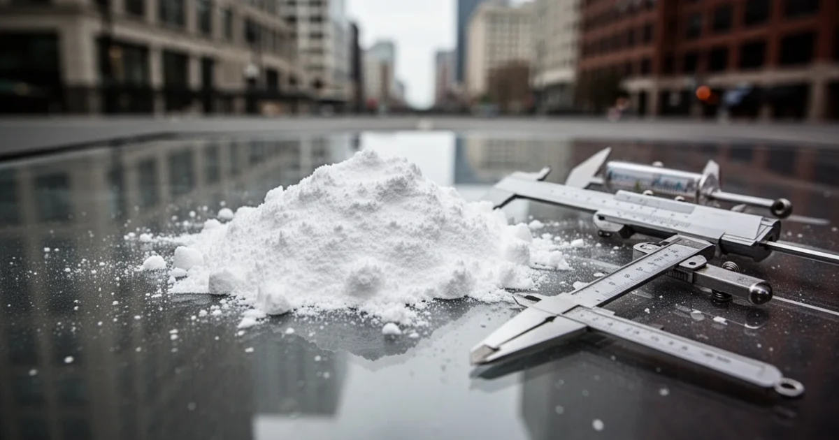 Cerca detallada de polvo blanco sobre superficie reflectante con herramientas medidoras