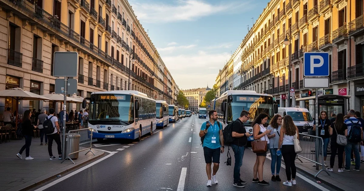 Escena urbana en Madrid con autobuses y señales temporales durante un evento importante.