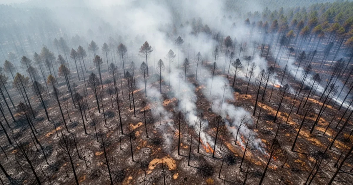 Vista aérea de áreas forestales quemadas por incendios en España