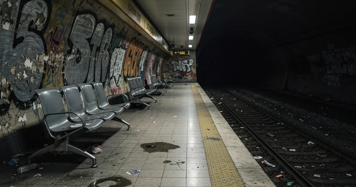 Estación vacía del metro de Madrid con ambiente tenso y grafitis