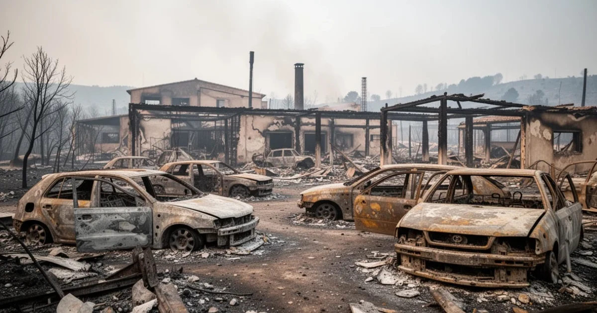 Área industrial devastada por un incendio con vehículos calcinados en Chapinería