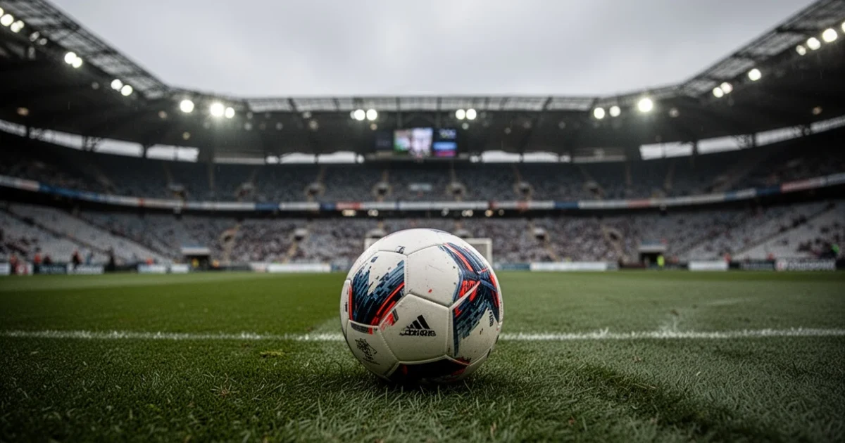 Un balón de fútbol sobre el campo con un estadio al fondo durante un día nublado.
