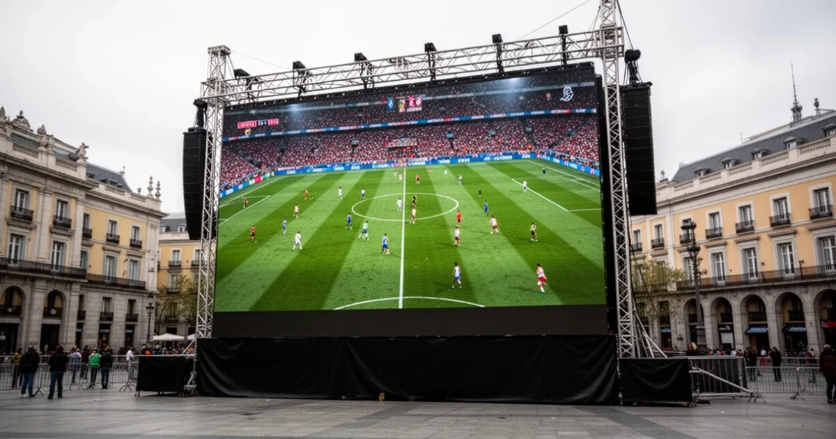 Pantalla gigante instalada en una plaza pública para ver partidos del Mundial