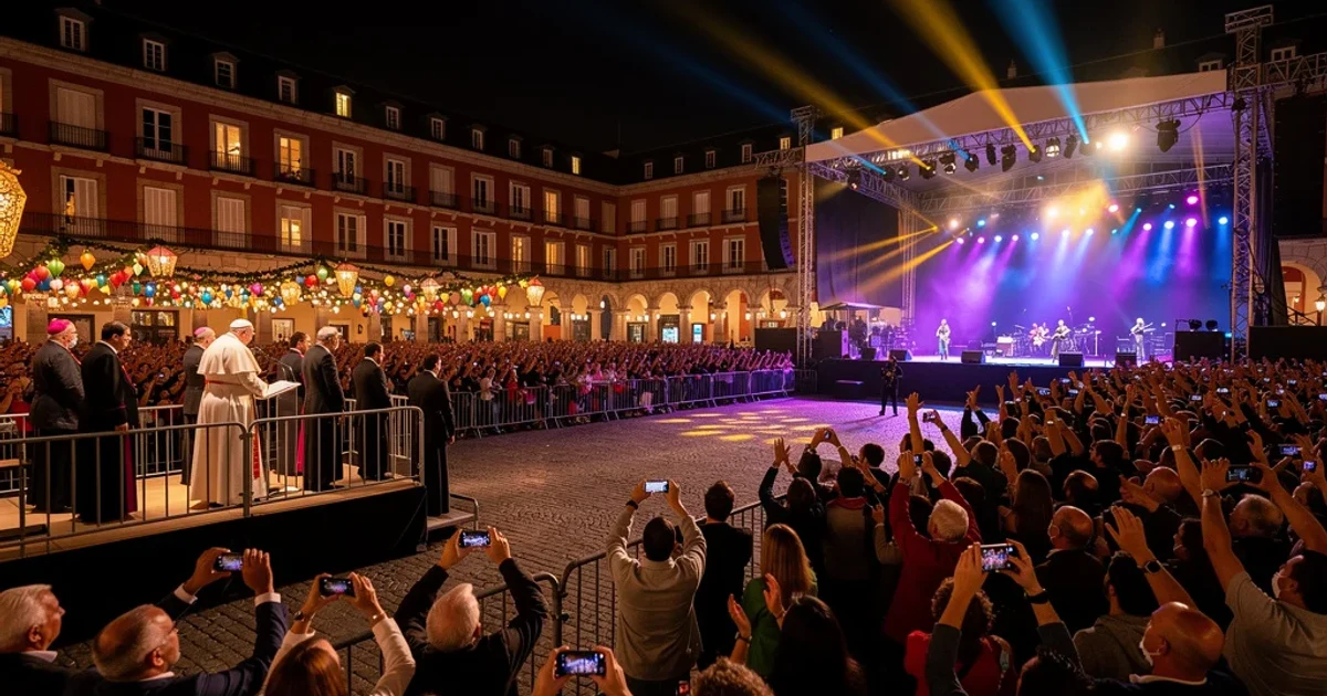 Plaza Mayor llena de gente durante la visita del Papa y el concierto de Bad Bunny.